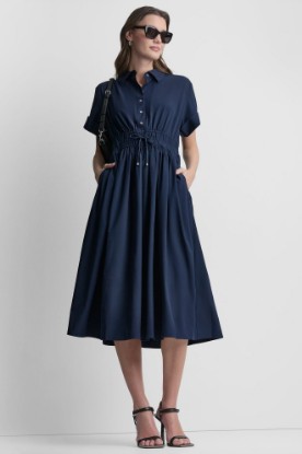 SMOCKED-WAIST COMMUTER DRESS VIEW 1 | MIDI DRESSES