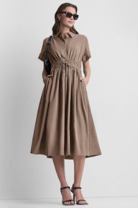 SMOCKED-WAIST COMMUTER DRESS VIEW 1 | MIDI DRESSES