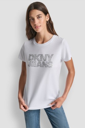 DKNY JEANS STACKED MINI RHINESTONE LOGO CREW NECK VIEW 1 | Tees & Tanks