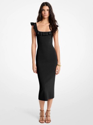 Ruffled Stretch Viscose Midi Dress in BLACK | Michael Kors