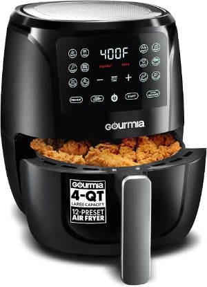 Picture of Gourmia Air Fryer - 4 Qt Capacity, FryForce360º, Digital Display with 8 Presets, Roast, Bake, Broil, Dehydrate, Dishwasher Safe Accessories, Compact, Black