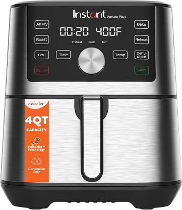 Picture of Instant Pot 4QT Vortex Plus 6-in-1 Mini Air Fryer, Custom Program Options, Crisps, Broils, Roasts, Dehydrates, Bakes, Reheats, 100+ In-App Recipes, Stainless Steel,4 Quarts