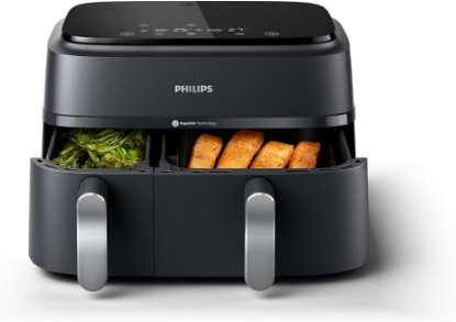 Picture of Philips Dual Basket Air Fryer 3000 Series, 8-in-1 functions, 9.5 Quarts Airfryer, 2 Drawers, 90% Less Fat, Rapid Air Technology, Black (NA351/00) (Renewed)