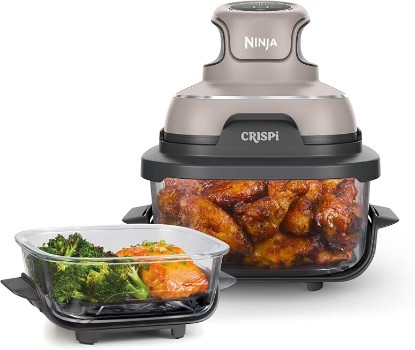 Picture of Ninja Crispi Glass Air Fryer, 4-in-1, Stone, FN101ST | Max crisp, bake, air fry, recrisp, 450F max, 4 Qt and 6 Cup containers, PFAS-free glass