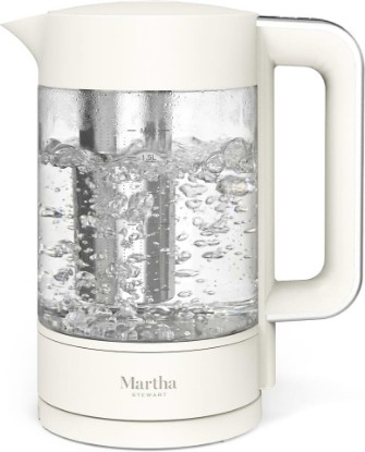 Picture of Martha Stewart 1.7L Glass Carafe Electric Kettle with Removable Tea Infuser | 7 Cups, 4 Presets, Rapid Boiling, Stainless Steel Tea Leaf Infuser, Cordless Swivel Base, Keep Warm, Auto Shut-Off, Linen