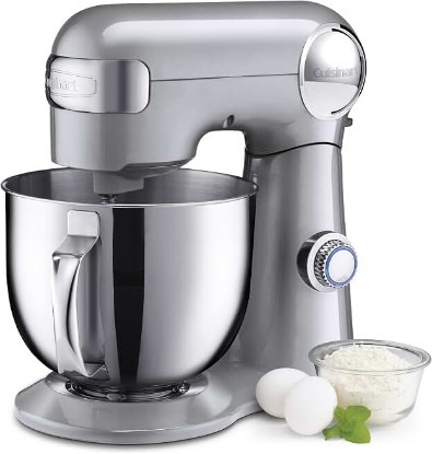 Picture of Cuisinart Stand Mixer, 12 Speeds, 5.5-Quart Mixing Bowl, Chef's Whisk, Flat Mixing Paddle, Dough Hook, and Splash Guard with Pour Spout, Silver Lining, SM-50BCNAS, Silver Lining | Stand mixer includes whisk, paddle, dough hook, splash guard with pour spout & 12 speeds for various prep tasks, SM-50BC