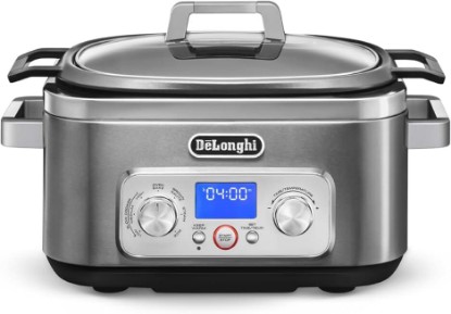 Picture of DeLonghi Livenza Multi-Cooker, Stainless Steel - 6 qt - Crock Pot Slow Cooker - 24-Hour Programmability & Seven Modes - Includes Non-Stick Dishwasher-Safe Pot, Steam Rack & Glass Lid