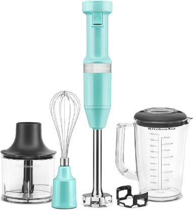 Picture of KitchenAid Variable Speed Corded Hand Blender with Attachments, KHBV83 | Includes Blending Pitcher, Whisk, And Chopper Attachments, Removable 8" Blending Arm, Variable Speed Trigger, Aqua Sky