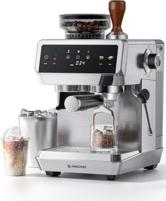 Picture of AMZCHEF Espresso Machine With Grinder, Temp Control, 44 Grind Settings | Hot & Cold Brew, Cappuccinos & Lattes, Built-in Grinder, Milk Frother, Touch Screen, Easy to Clean, Compact Design, Silver