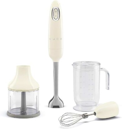 Picture of Smeg Handheld Immersion Blender with Beaker, Chopping Bowl w/Lid, Wire Whisk, 5 Speed Controls, made with Stainless Steel Blades and Ergonomic Design (Cream)