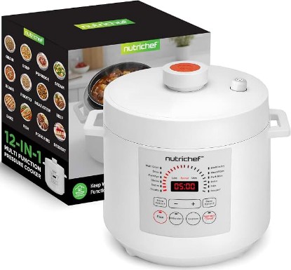 Picture of NutriChef 6 Quart Electric Pressure Cooker | 12 Function Digital Countertop Pressure Cooker | Adjustable Time & Temperature | Re-heat and Keep Warm Function | 13.1 x 11.4 IN | White