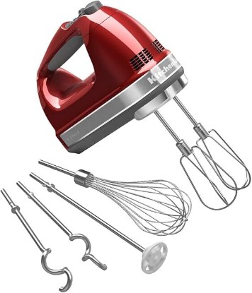 Picture of KitchenAid 9 Speed Hand Mixer, KHM926, Candy Apple Red | 9 Speeds, Pro whisk attachment, Stainless Steel Turbo Beater II for ideal mixing, dough hook, Dishwasher-safe accessories