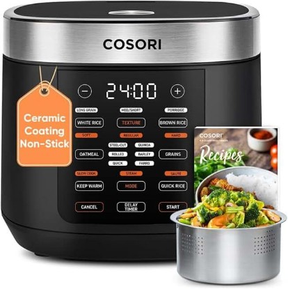 Picture of Cosori Rice Cooker 10 Cup, Ceramic Coating Inner Pot, Fuzzy Logic, 18-in-1 | 24H Keep Warm & Delay Timer, Stainless Steel Steamer Basket, Non-stick Ceramic Coating, Sauté, Slow Cook, Black