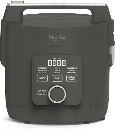 Picture of Martha Stewart 8 Cup Cooked (4 Cup Uncooked) Rice Cooker & Steamer, Caviar | PFAS-Free Ceramic Nonstick Removable Pot, 9 Modes, Keep Warm, Steamer, White & Brown Rice, Quinoa, Grains, Oats, Easy Clean