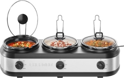 Picture of Chefman Triple Slow Cooker & Food Warmer, Three Crock Slowcooker with 2.5 Qt. Ceramic Crocks, 7.5-Quart Total Capacity, PFAS-Free, Three Temperature Settings, Dishwasher-Safe Parts – Stainless Steel