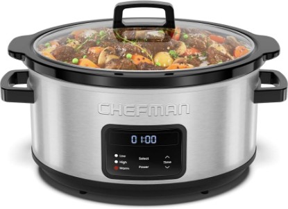Picture of Chefman Slow Cooker 7 Quart, Large Family Size Programmable Digital Slow Cooker with 24-Hour Timer, Low, High & Warm Settings, Ceramic Crock, Tempered Glass Lid, Dishwasher-Safe, Stainless Steel