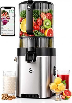 Picture of AMZCHEF Cold Press Juicer, 6.5" Whole Fruit Self-Feeding Slow Juicer | 3-in-1 Juicer Machine for Juice, Nut Milk & Sorbet, 90oz Large Capacity, Easy to Clean Design, Triple Strainers, Large Auger Global Recycled Standard
