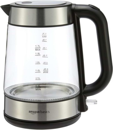 Picture of Amazon Basics Electric Kettle with Glass Carafe for Tea and Coffee, BPA-Free, Fast Boiling, Auto Shut-Off, Boil-Dry Protection, Water Level Indicator, 1.7 Liter, 1500W, Black and Silver