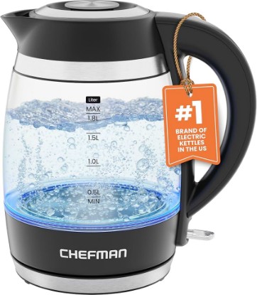 Picture of Chefman Electric Kettle, 1.8L 1500W, Hot Water Boiler, Removable Lid for Easy Cleaning, Auto Shut Off, Boil-Dry Protection, Stainless Steel Filter, BPA Free, Borosilicate Glass Electric Tea Kettle