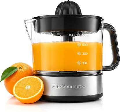 Picture of Elite Gourmet ETS623 Electric Citrus Juicer, 24 oz, Black/Stainless Steel | BPA-Free 40-Watt motor, compact large-volume pulp control - juices oranges, lemons, limes & grapefruits, easy-pour spout