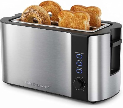 Picture of Elite Gourmet ECT-3100 4-Slice Long Slot Toaster, Stainless Steel | Extra-Wide Slots Fit Bagels, Sourdough & Texas Toast, 6 Browning Settings, Reheat, Defrost & Cancel, Built-In Warming Rack