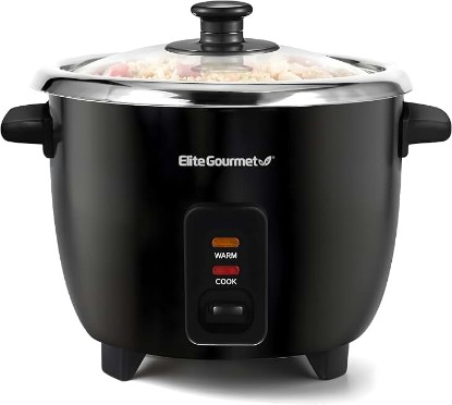 Picture of Elite Gourmet ERC006SS 6-Cup Electric Rice Cooker with Stainless Steel Inner Pot, Makes Soups, Stews, Porridges, Grains and Cereals, 6 cup (3 cups uncooked), Black