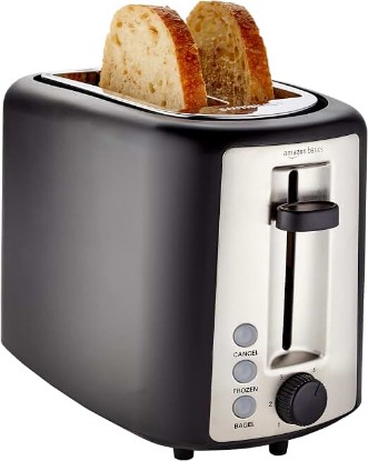 Picture of Amazon Basics 2 Slice Toaster, Extra Wide Slots for Bagels, 6 Browning Settings, Removable Crumb Tray, Defrost/Cancel/Bagel Buttons, Cord Wrap, 900W, Black & Silver