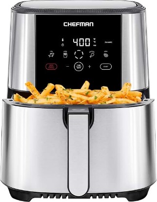 Picture of Chefman TurboFry Touch Air Fryer, Large 5-Quart Family Size, One Touch Digital Control Presets, French Fries, Chicken, Meat, Fish, Nonstick Dishwasher-Safe Parts, Automatic Shutoff, Stainless Steel