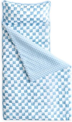 Picture of Wake In Cloud - Toddler Nap Mat with Pillow and Minky Fleece Blanket, for Kids Boys Girls Ages 3 Plus in Daycare Preschool, Roll Up Sleeping Bag, Gingham Grid Checkered, Blue White, Standard