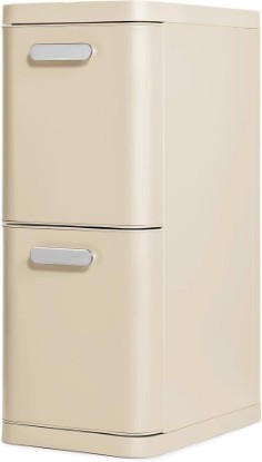 Picture of Caraway Stainless Steel 2-Drawer Recycling Bin | Dual Compartment Recycling Trash Can with Smooth-Glide Drawers and Quick-Toss Hatch, Cream