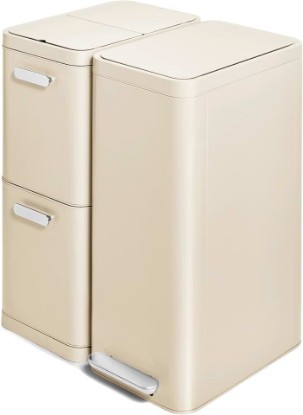 Picture of Caraway 13 Gallon Slim Trash Can and 2-Drawer Recycling Bin Duo | Kitchen Trash Can with Quiet Close Lid, Dual Compartment Recycling Trash Can with Smooth-Glide Drawers, Cream
