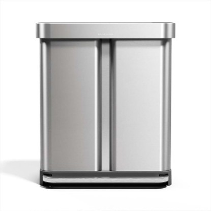 Picture of simplehuman Step Recycler, 58L / 15.3 Gallon Dual Compartment Kitchen Trash Can, 150,000-Step Steel Pedal, Lid Shox® Silent Close, Liner Rim System, Liner Pocket®, Brushed Stainless Steel