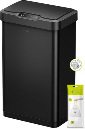 Picture of EKO Mirage-T 50 Liter / 13.2 Gallon Touchless Rectangular Motion Sensor Trash Can or Recycling Bin, Brushed Stainless Steel Finish (Matte Black)