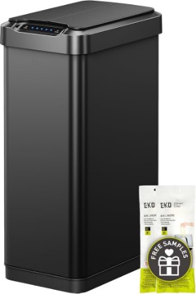 Picture of EKO Phantom-T 13.2 Gallon/ 50L Automatic Sensor Kitchen Trash Can or Recycling Bin, Slim Stainless Steel Touchless Garbage Bin with Soft-Close Dual Wing Lid for Home & Office, Matte Black