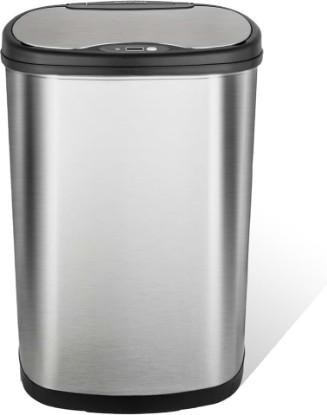 Picture of Ninestars 13 Gallon Oval Automatic Trash Can, 50L Touchless Motion Sensor Garbage Can with Odor-Sealing Lid & One-Touch Manual Mode, Silver Stainless Steel, Black Trim