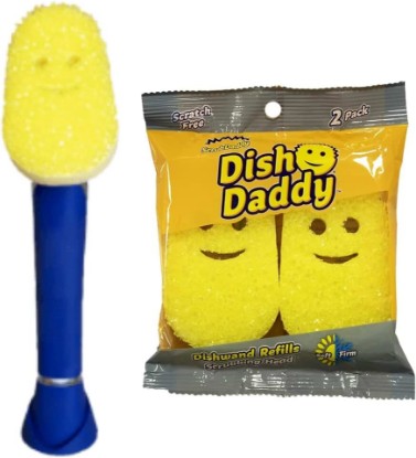 Picture of Scrub Daddy Dish Daddy Dish Wand & Refill Heads, Soap Dispensing Dish Brush, Texture Changing Washing Up Sponge With Liquid Handle, Dish Sponge with Built-in Scraper & Scrubbing Head, Drip stand, Blue | Soap Dispensing Dish Brush, Texture Changing Washing Up Sponge With Liquid Handle