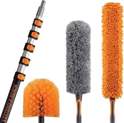 Picture of 30 Foot High Reach Duster Kit with 5-24 ft Telescopic Extension Pole | High Ceiling Duster Cleaning Kit with Telescoping Pole, Cobweb Duster, Feather Duster and Ceiling Fan Duster