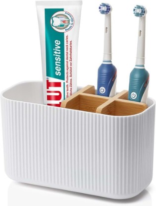 Picture of GFWARE White Toothbrush Holder, 5 Slots Bathroom Storage Organizer | Bamboo Toothbrush Holder, Kids Electric Toothbrush Holder and Toothpaste Storage for Bathroom Sink Organizer