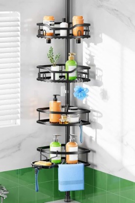 Picture of HAMITOR Shower Caddy Tension Pole: Rustproof Quick Install Standing Corner Bathroom Organizer Shelf on Floor for Renters - 4-Tier Large Capacity Storage Rack with Soap Holder for Apartment -Black Global Recycled Standard