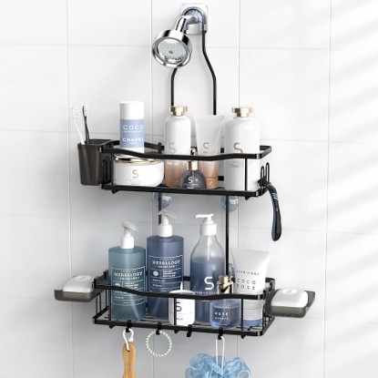 Picture of Hanging Shower Caddy Over Shower Head - No Drill Rustproof Shower Rack | Includes Soap Holder and Hooks for Shampoo, Conditioner, and Bathroom Essentials with Stable Storage in Any Shower Space Recycled Claim Standard Blended