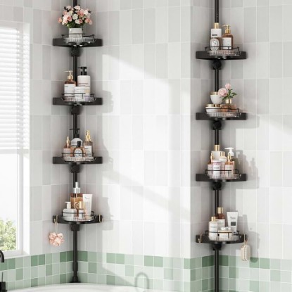 Picture of 360° Rotating Corner Shower Caddy Tension Pole Organizer (Black) | 4-Tier rotating shelves with hooks, adjustable tray height, upgraded rustproof metal pole, removable trays for shower storage