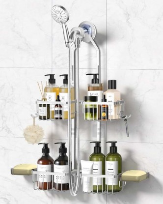 Picture of Adjustable Shower Caddy Hanging - Never Rust Shower Organizer Hanging, Aluminum Shower Racks for Inside Shower - Bathroom Organizers and Storage with 2 Soap Holders and 2 Removable Hooks, Silver