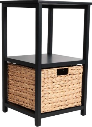 Picture of happimess Cohen 2-Tier Storage Cabinet Woven 1-Basket 24" H, Black | Handcrafted Acacia Wood, Water Hyacinth, Coastal Bohemian Style, Fully Assembled, Removable Organizers, Rustic Farmhouse