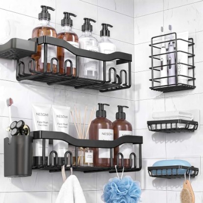 Picture of NESOMI 7-Pack Shower Caddy Adhesive,Stainless Steel Shower Organizer Shelf | Rustproof, with Soap Dish Toothbrush Holder, Large Capacity, No-Drill Rack Bathroom Storage Accessories, 24 Hooks, Home Decor