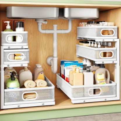 Picture of Kitstorack Under Sink Organizer, 2-Pack 3-Tier Height Adjustable Thickened Metal Pull out Cabinet Organizer Shelf, Slide out Storage Drawer Rack for Bathroom Kitchen Pantry Home Laundry Organization