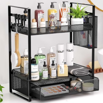 Picture of VITVITI 2 Tier Bathroom Organizer Countertop with Drawer, Metal Mesh Bathroom Counter Vanity Organizer Storage, Bath Room Sink Kitchen Spice Rack with Basket Hooks, Black