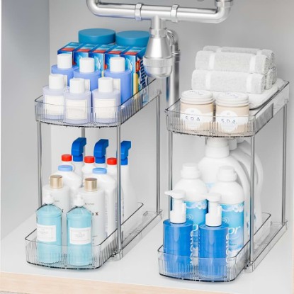 Picture of 2 Pack Large Pull Out Bathroom Organizers and Storage,2 Tier 12.8″ Tall Sliding Kitchen Under Sink Organizer for Cleaning Products Storage,Acrylic Clear Bathroom inder Sink Organizer,Undersink Storage