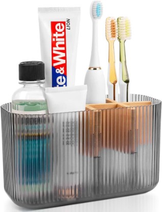 Picture of GFWARE Clear Acrylic Toothbrush Holder, 5 Slots Bathroom Storage Organizer | Bamboo Toothbrush Holder, Kids Electric Toothbrush Holder and Toothpaste Storage for Bathroom Caddy Decor