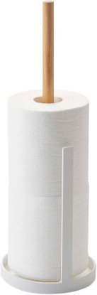 Picture of YAMAZAKI Home Toilet Paper Stocker, Holds 3 Toilet Paper Rolls, No Assembly Req, White, One Size | Elegant steel and wood toilet paper stand. Compact bathroom organizer storage holder holds 3 rolls. Built for everyday use.