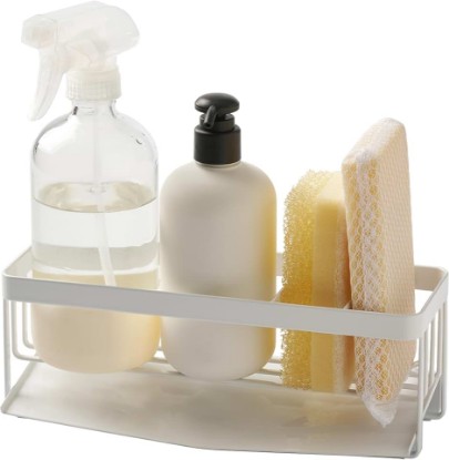 Picture of YAMAZAKI Home Self-Draining Sponge and Soap Bottle Sink Organizer, White | Kitchen sink organizer metal holder keeps countertops tidy. A smart fit for modern homes. Adds practical everyday storage.